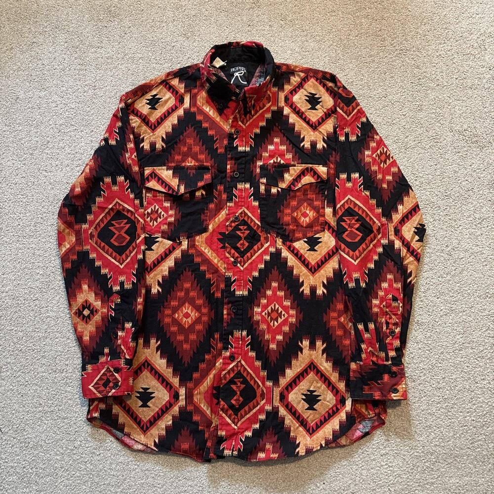 Vintage 90's Roper Button Up Shirt Men’s Sz L Red Black Western Aztec Rodeo